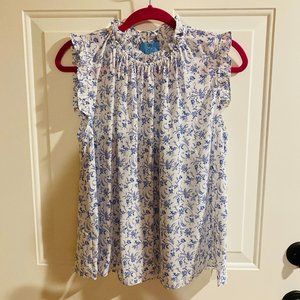 CeCe White Blue Floral Ruffle Top Medium